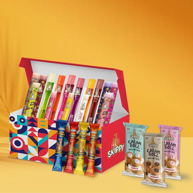 Royal Collection Casket of Skippi, All product Assortments in a Box, 15 Ice pop Flavors, 4 corn Stick Flavors & 3 Cream Roll Flavors