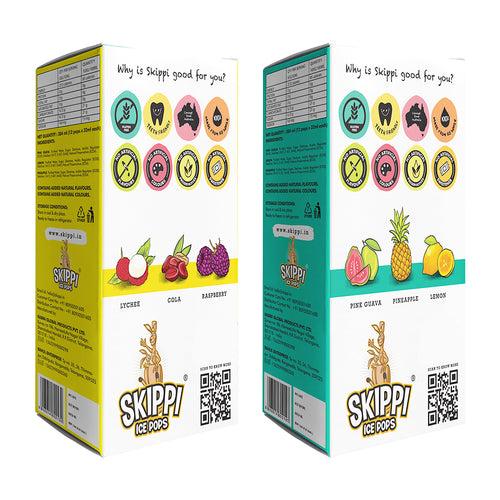 (Yellow + Green Small box )Cola,Lychee,Raspberry,Pink Guava,Lemon and Pineapple Flavor Combo of  small pack of 12 +12 Skippi Natural Icepops of 32 ml each