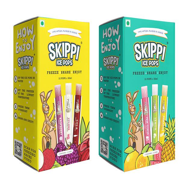 CG (Yellow + Green Small box )Cola,Lychee,Raspberry,Pink Guava,Lemon and Pineapple Flavor Combo of  small pack of 12 +12 Skippi Natural Icepops of 32 ml each