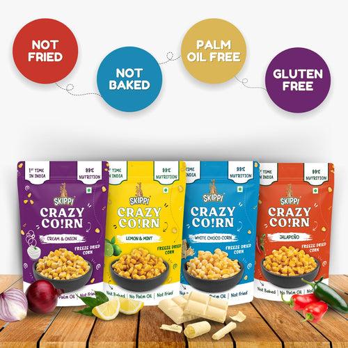 Skippi Crispy Crazy Corn Kernels (4 Packs) , Freeze Dried Sweet Corn, Pack of 4 Flavors (Lemon & Mint, White Choco, Jalapeno, Cream & Onion)