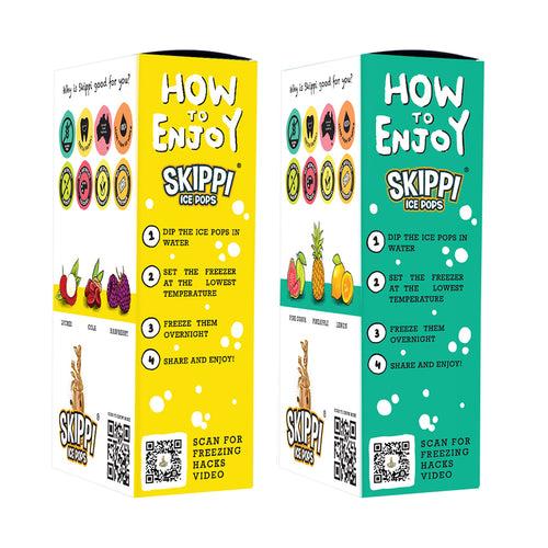 CG (Yellow + Green Small box )Cola,Lychee,Raspberry,Pink Guava,Lemon and Pineapple Flavor Combo of  small pack of 12 +12 Skippi Natural Icepops of 32 ml each