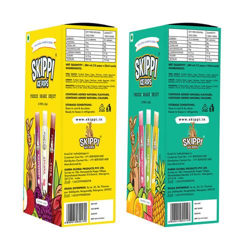 (Yellow + Green Small box )Cola,Lychee,Raspberry,Pink Guava,Lemon and Pineapple Flavor Combo of  small pack of 12 +12 Skippi Natural Icepops of 32 ml each