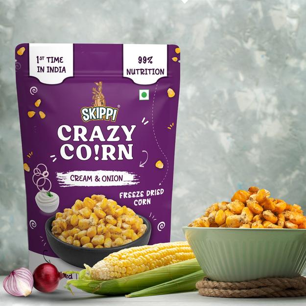 Cream & Onion Skippi (2 Packs) Crispy Crazy Corn Kernels, Freeze Dried Sweet Corn in Pack of 2