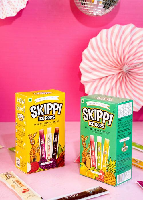 (Yellow + Green Small box )Cola,Lychee,Raspberry,Pink Guava,Lemon and Pineapple Flavor Combo of  small pack of 12 +12 Skippi Natural Icepops of 32 ml each