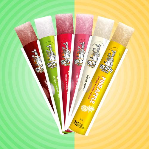(Yellow + Green Small box )Cola,Lychee,Raspberry,Pink Guava,Lemon and Pineapple Flavor Combo of  small pack of 12 +12 Skippi Natural Icepops of 32 ml each