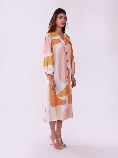 Dawn Abstract Printed V-neck Button-Down A-line Dress