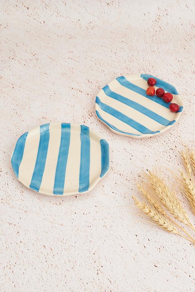 Sky Blue Stripe Ceramic Plates Set of 2