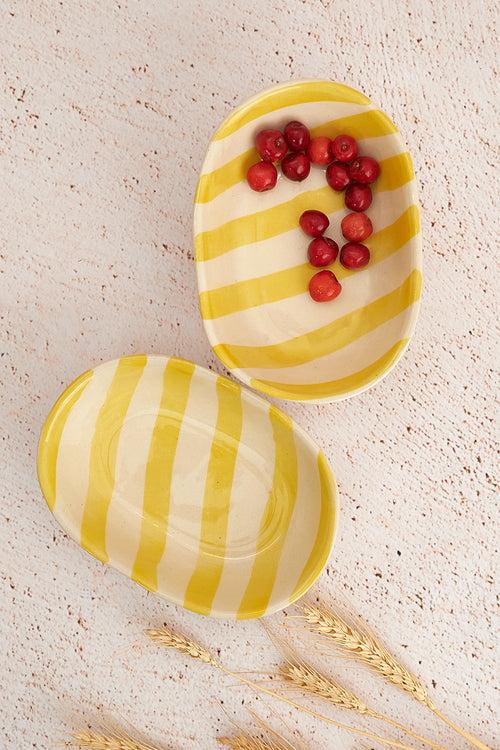 Pastel Yellow Stripe Handpainted Ceramic Bowl