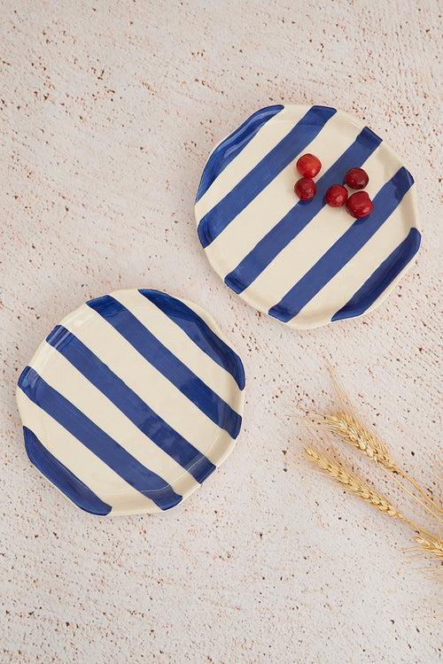 Blue Stripe Ceramic Plates Set of 2