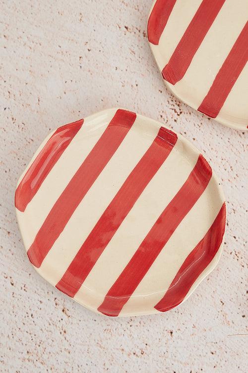 Vintage Red Stripe Ceramic Plates Set of 2