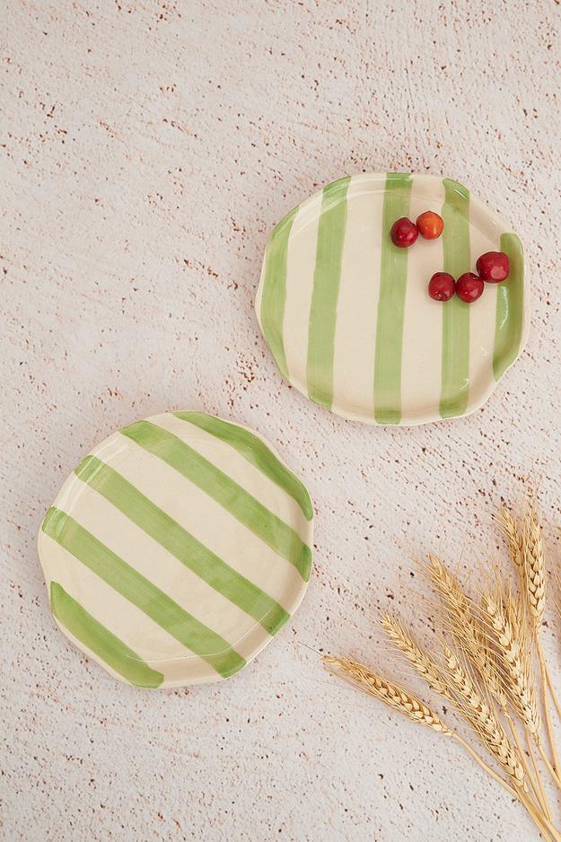 Green Stripe Ceramic Plates Set of 2