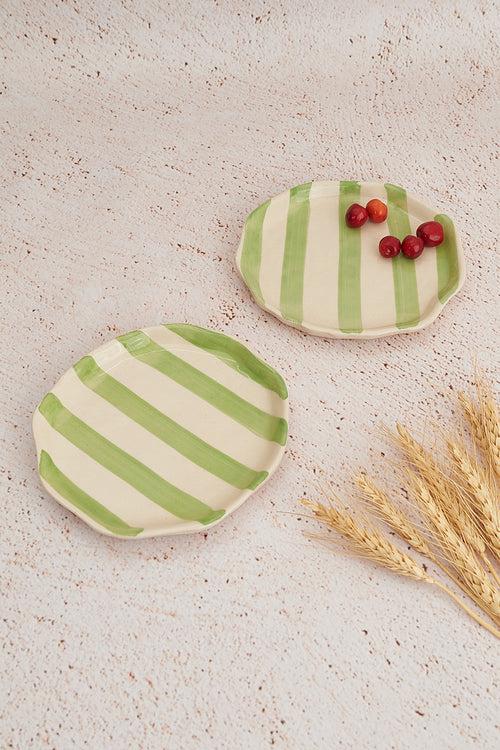 Green Stripe Ceramic Plates Set of 2