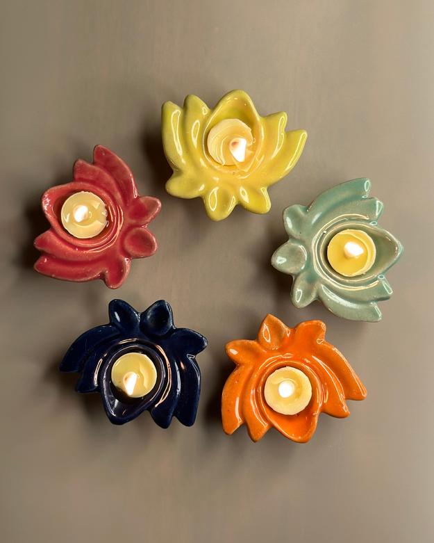 Lotus Ceramic Diya's Small Set of 5