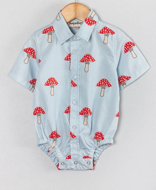 Mushroom print sky blue boys onesie-Sky Blue