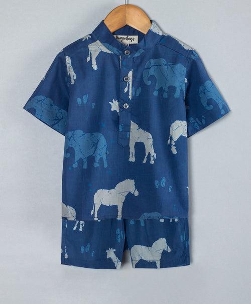 All over horse print indigo shorts set-Blue