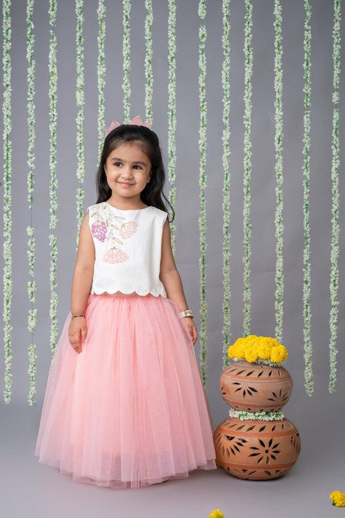 Pre-Order: 3D Hand Embroidered Top with Pink Tulle Skirt