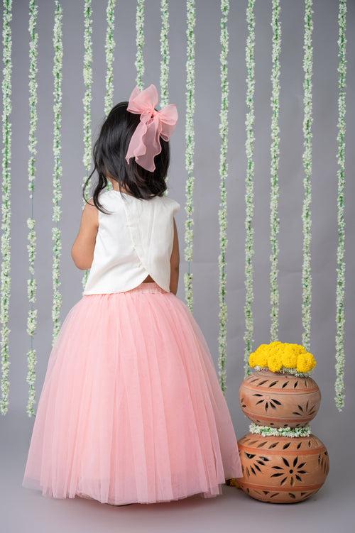 Pre-Order: 3D Hand Embroidered Top with Pink Tulle Skirt