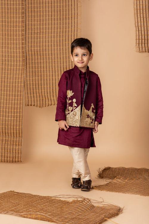 Pre-Order: Wine hand Dori Embroidered Peacock Jacket with Kurta Set