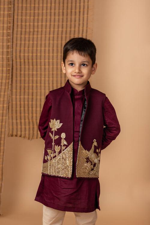 Pre-Order: Wine hand Dori Embroidered Peacock Jacket with Kurta Set