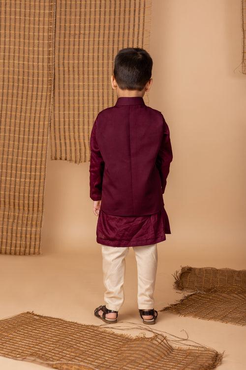 Pre-Order: Wine hand Dori Embroidered Peacock Jacket with Kurta Set