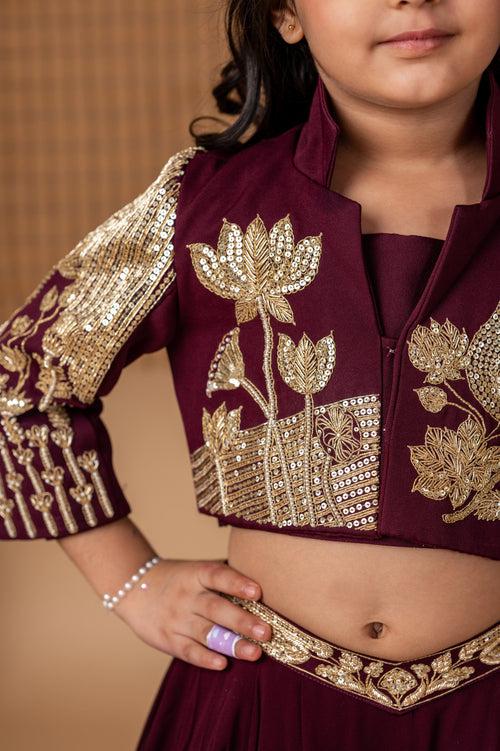 Pre-Order: Wine hand Dori Embroidered Peacock Ghaghra Jacket Set