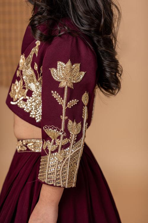 Pre-Order: Wine hand Dori Embroidered Peacock Ghaghra Jacket Set