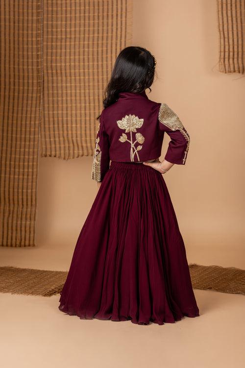 Pre-Order: Wine hand Dori Embroidered Peacock Ghaghra Jacket Set