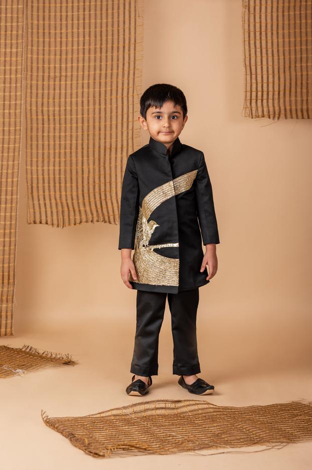 Pre-Order: Black hand Dori Embroidered Bird Achkan Set