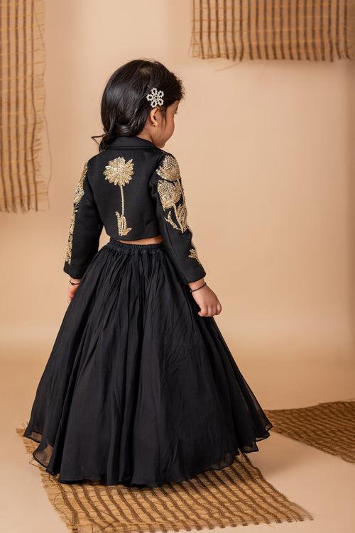 Pre-Order: Black hand Dori Embroidered Bird Ghaghra Jacket Set