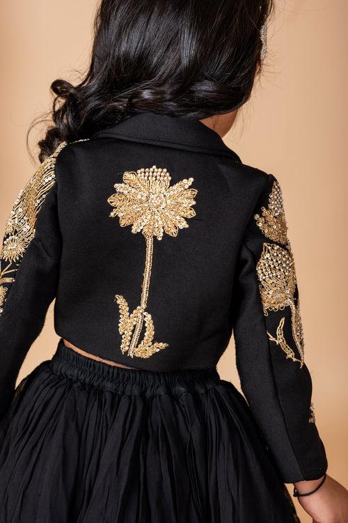 Pre-Order: Black hand Dori Embroidered Bird Ghaghra Jacket Set