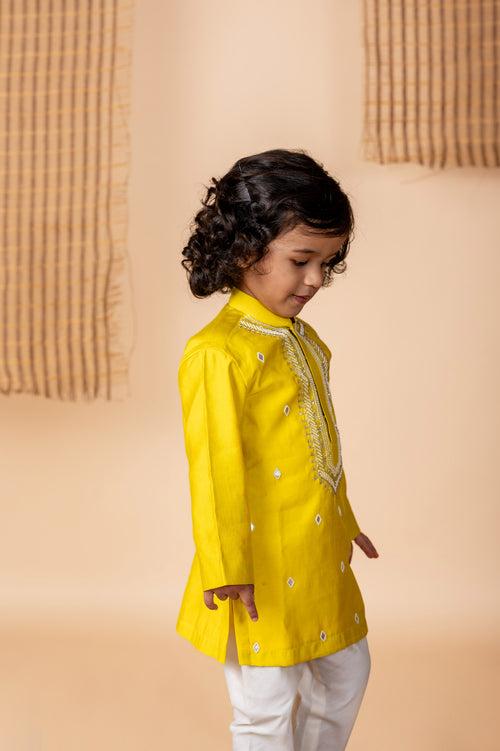 Pre-Order: Yellow Kurta with hand done Pearl and Sequins Embroidery