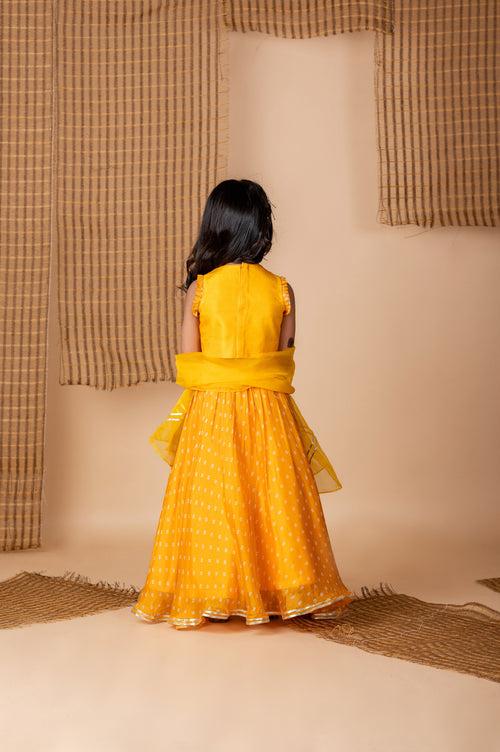 Pre-Order: Fun embroidery Yellow Bnadhej Ghaghra