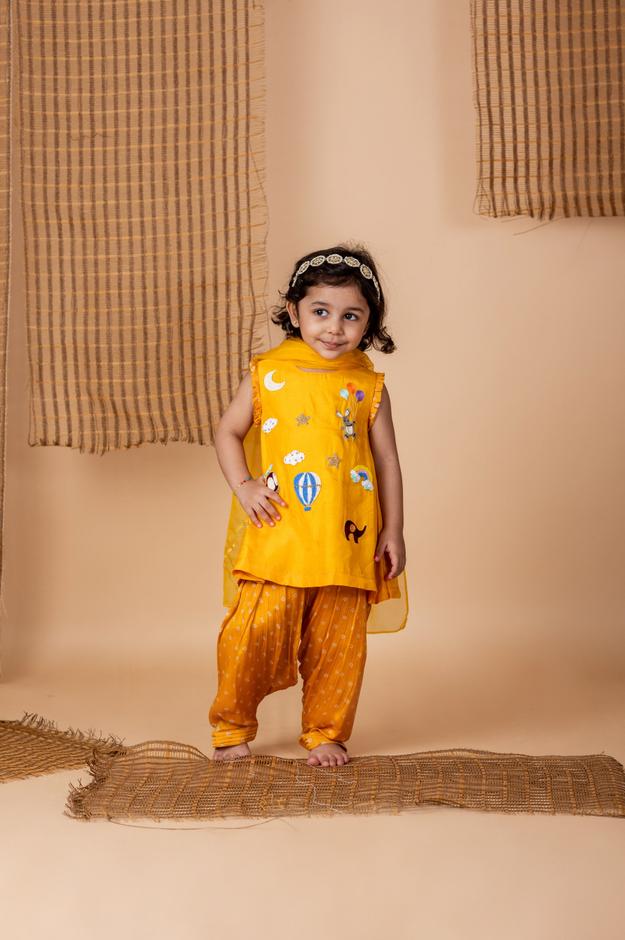 Pre-Order: Fun Embroidery Yellow Bndhej Suit