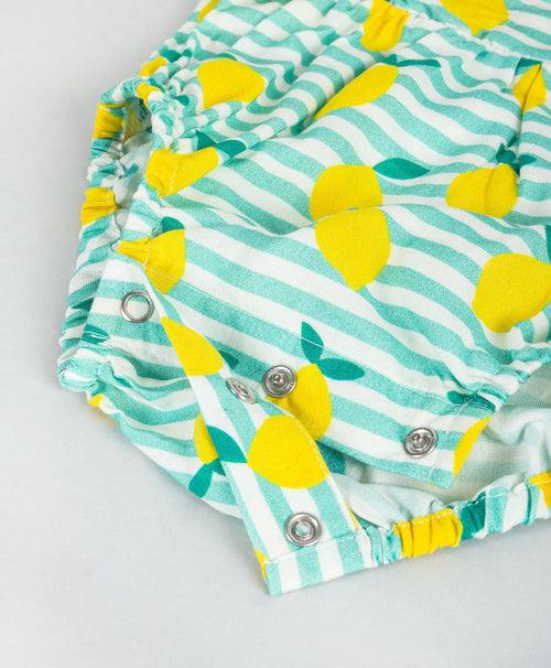 Lemon and stripe print infant girls onesie with frills at front sides-Green