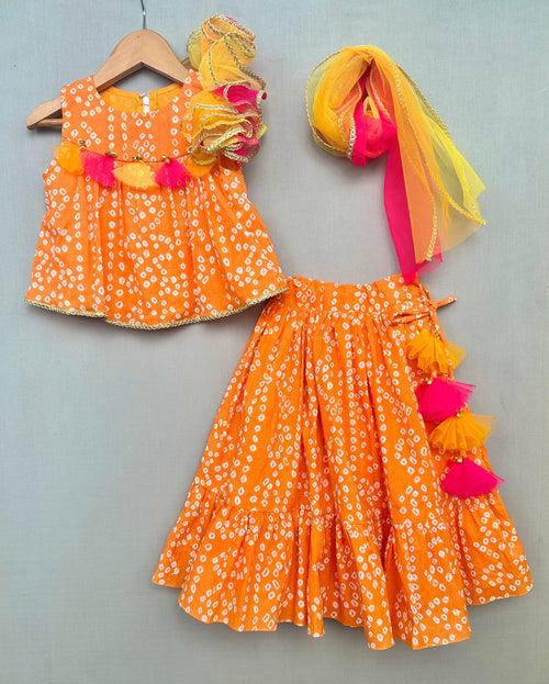 Pre-Order: Orange Bandhni Print Lehenga Set with Dupatta