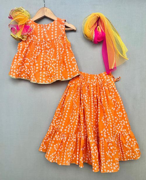 Pre-Order: Orange Bandhni Print Lehenga Set with Dupatta