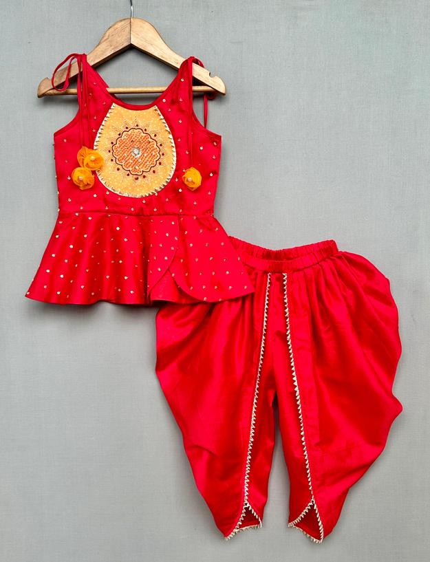 Pre-Order: Red Sequin embroidered Dhoti pant Set