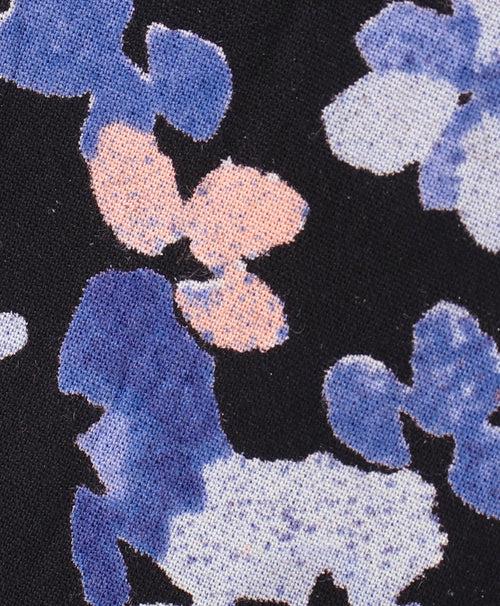 Flower print Cotton top with round neck and bell sleeves-Navy