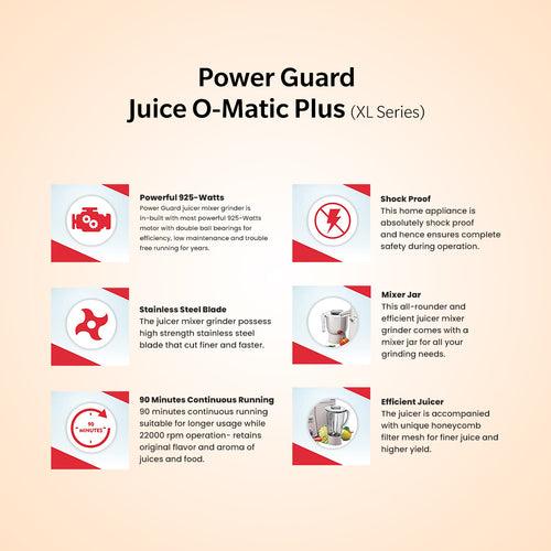 Juicer Mixer Grinder: Power Guard Juice O Matic Plus JMG 925 Watts XL Series (2 Jars)
