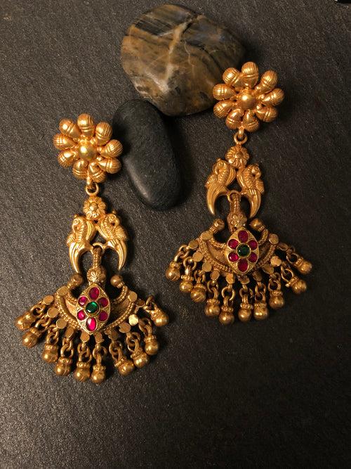 ANTIQUE 2 PARROTS-FLOWER EARRINGS