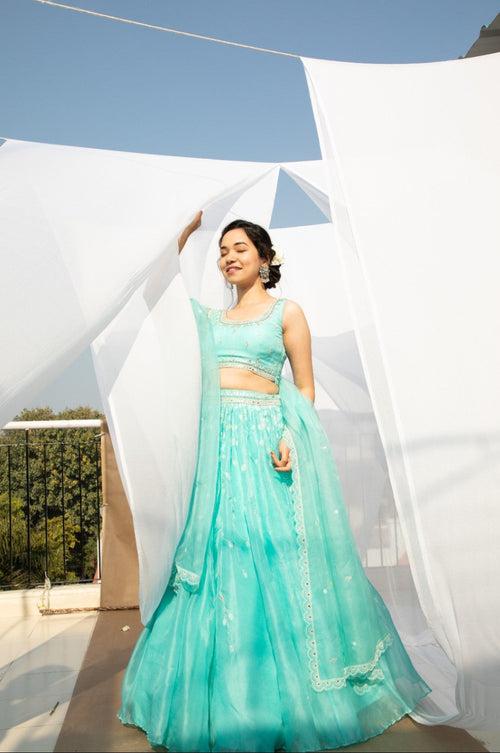 Serena blue lehenga with mirror work and beads