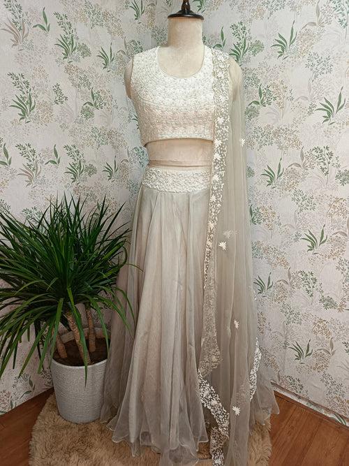 Pure sole beads embroidery white lehenga