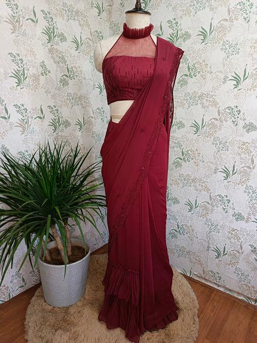 Rose wood ruffle saree