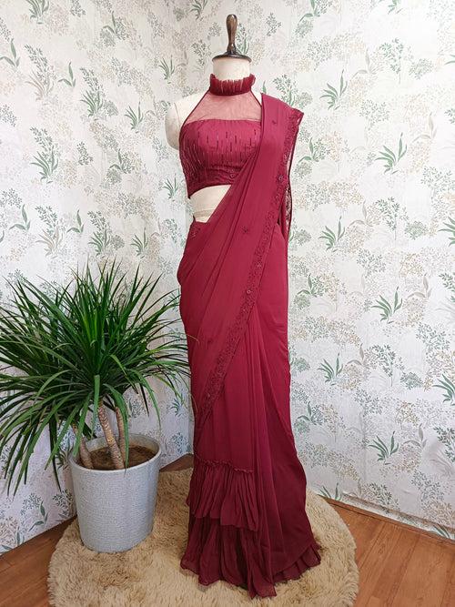 Rose wood ruffle saree