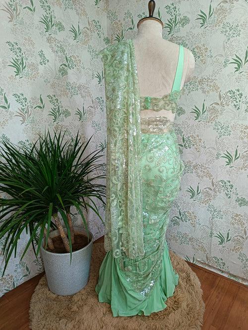 Sage green ruffle saree