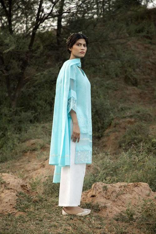 Blue Oxalis Kurti - Aqua Blue Traditionalist Set