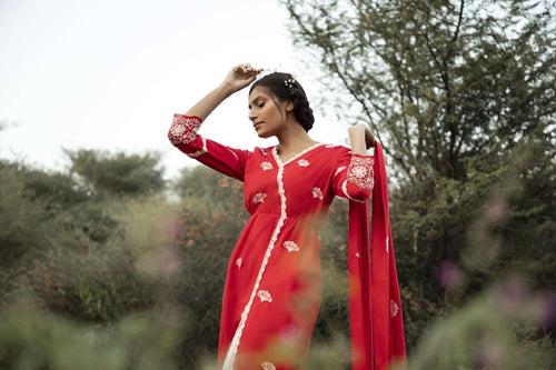 Red Carnation Kurti - Merry Red Festive Elegance