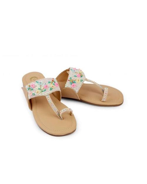 Timeless Florals Kolhapuri - Tan Sole with Fine Crystals