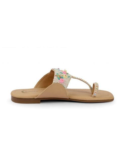 Timeless Florals Kolhapuri - Tan Sole with Fine Crystals