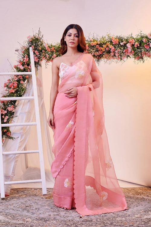 Elegant Rose Saree with Patch Flower Motifs